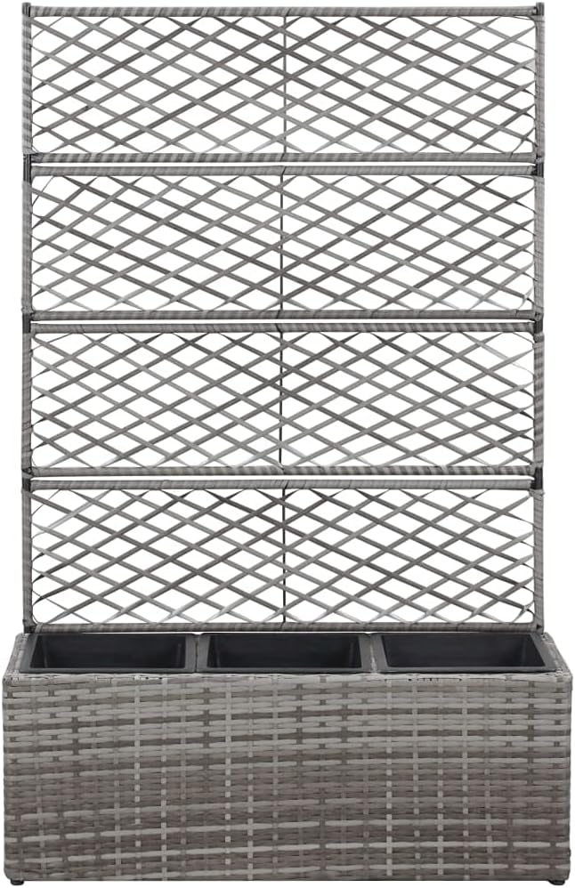 Trellis Raised Bed Poly Rattan with 3 Pots Gray Planter Box with Trellis Free Standing Garden Raised Bed for Flower Climbing and Hanging Plants 32.7x11.8x51.2