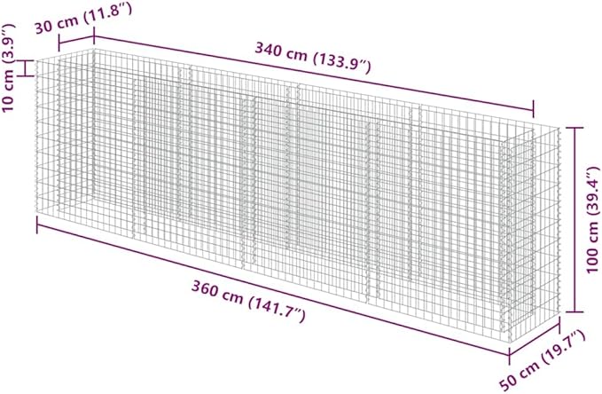Large Gabion Raised Garden Bed Silver Galvanized Steel 141.7x19.7x39.4 inch Rectangular Planter for Outdoor Plants Durable Metal Construction