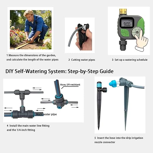 Drip Irrigation System with Water Timer Plug-in Quick Connection Drip Irrigation Kit 5/16“ID and 1/4 Inch Pipe Auto Watering System for Garden Spray for Greenhouse Garden Lawn Potted Plants