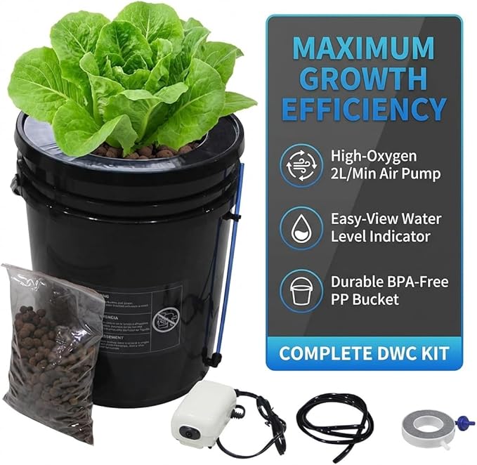 GROZY Hydroponics Growing System 5 Gallon DWC hydroponic System kit 20L One Bucket DWC Kit with 20cm Net Pot 120V Air Pump Air Stone &amp Water Level Indicator Indoor Garden
