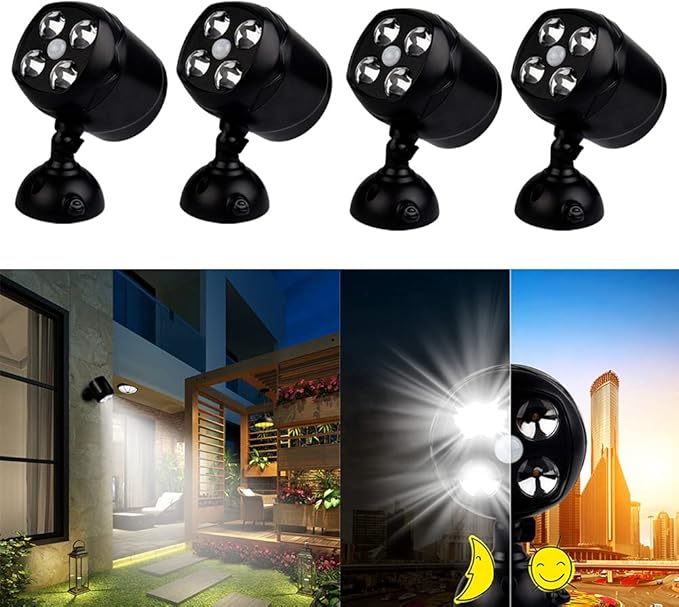 cjc Outdoor Motion Light Motion Sensor Spotlight Wireless Battery Operated Weatherproof Wall LightLighting for Patio Garden Garage Pathway-16W 600 Lumens 4 LED Security Lights (4 Pack)