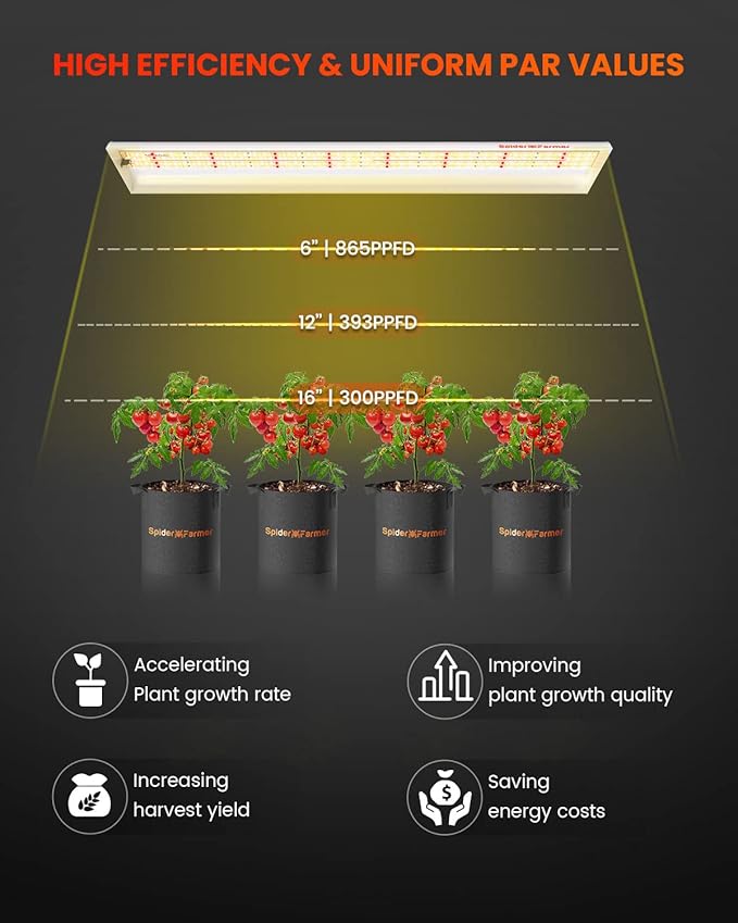 Spider Farmer SF600 LED Grow Lights 2x4 ft Coverage Sunlike Full Spectrum Plant Growing Lamp for Indoor Plants Seeding Veg Flower Energy Saving &amp High Efficiency Grow Light 384 Diodes