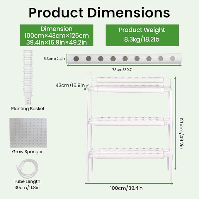Hydroponics Growing System Kit 90 Plant Sites 3 Layer 10 Food-Grade PVC-U Pipes Hydroponic Planting Set with Water Pump Pump Timer Nest Basket and Sponge for Leafy Vegetables