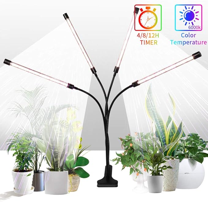 KAKAA Plant Grow Light with LED 10 Adjustable Brightness 4-Head Full Spectrum Grow Light for Indoor Plants Led Clip-on House Plant Growing Lamp for Seedlings