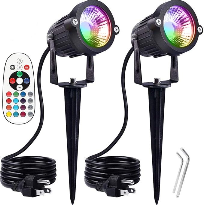 Pack of 2 Outdoor LED Landscape Lights Waterproof Spotlight with Spike Stand and Plug for Driveway Outdoor Lawn Lighting Flood Garden Yard (6W Plug RGB)