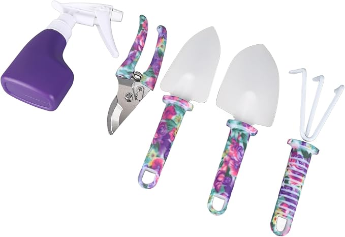 5 Pieces Garden Tool Set with Carrying Case Gardening Planting Tools with Cultivator Rake Shovels Branch Scissors Spray Can Purple