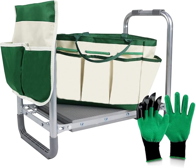 BDL Garden Kneeler Seat Foldable Durable Garden Stool with Tool Bag Pouch and Garden Gloves 330lb Capacity-Protects Your Knees Clothes from Dirt &amp Grass Stains