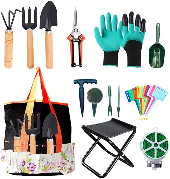 Garden Tool Set 33-Piece Rust-Proof Premium Garden Tool Kit with Floral Tote Bag Ideal Gardening Tools Gifts for Women and Men (Orange)