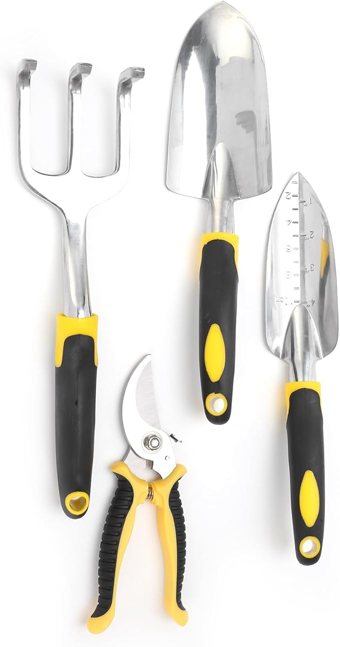 5-Piece Garden Tool Set with Heavy Duty Cast Aluminum Head - Transplanting Spade Cultivator Pruner Shovel &amp Gardening Gloves