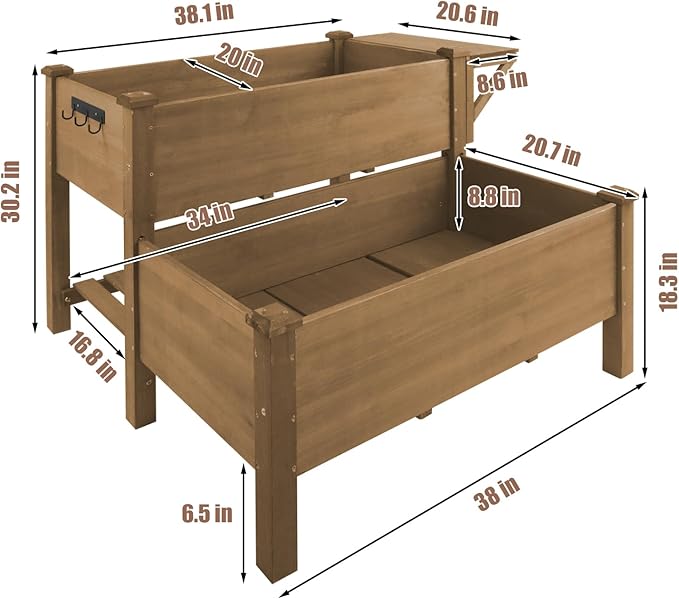 2-Tier Raised Garden Bed with Legs Outdoor Elevated Garden BoxStorage ShelfProtective Liner for BackyardPatioBalcony55x42x30in (Brown)