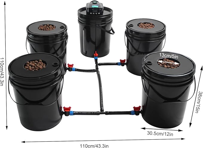 DWC Hydroponics System5.28 Gallon 5 Buckets Deep Water Culture Hydroponic Bucket Kit with Air Pump Recirculating Hydroponic System Grow Kit for Indoor Cultivating Tomatoes Peppers Vegetables Black