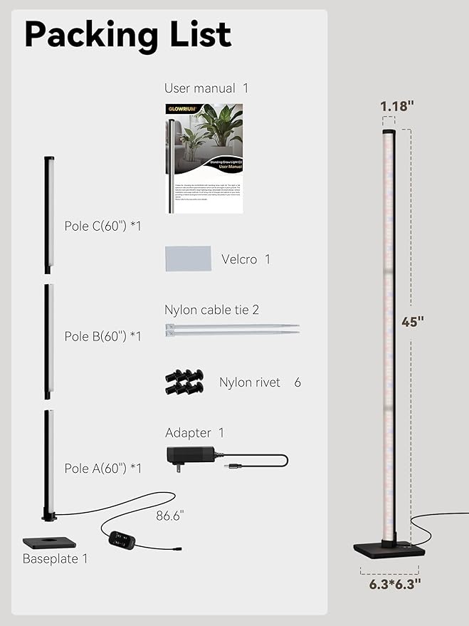 GLOWRIUM Grow Lights for Indoor Plants 30W Vertical Plant Grow Lights with Auto-Timer Full Spectrum LED Standing Plant Grow Light 3 Light Modes 6-Level Dimmable (45in)