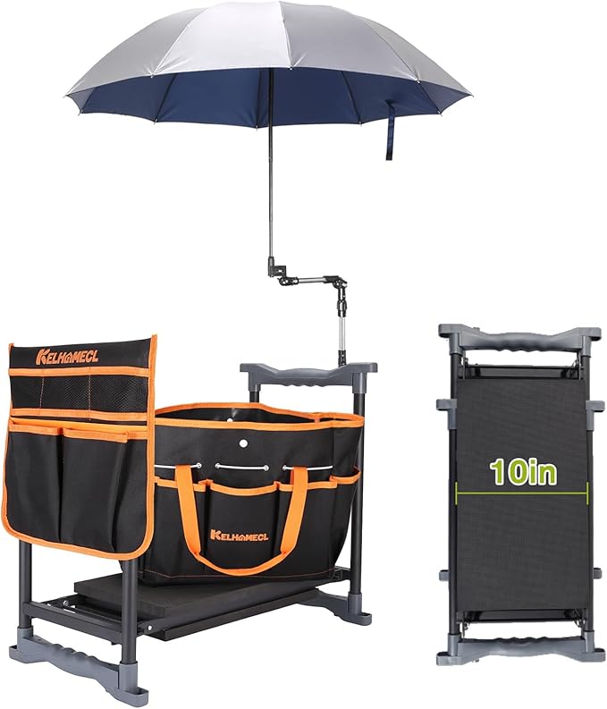 Garden Kneeler and Seat with Umbrella 2-in-1 Foldable Gardening Stool with Adjustable Bracket Detachable Tool Bags Heavy Duty Kneeling Pad for Gardening (Black Orange)