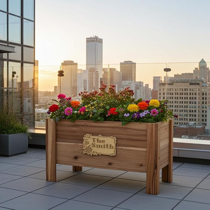 Personalized Cedar Raised Planter Box – Custom Plaque Plate Engraved Garden Bed for Vegetables &amp Flowers Handmade in USA