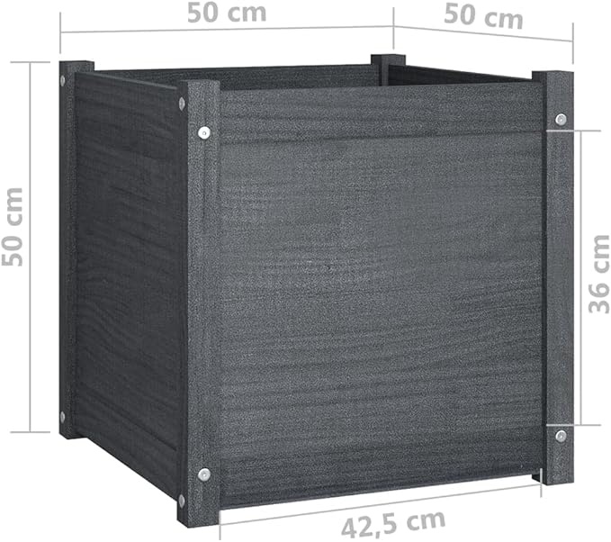 Garden Planter Set of 2 Grey Solid Pinewood 19.7x19.7x19.7 Inch Square Raised Garden Bed for Outdoor Plants