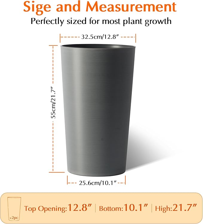 2 Pack Tall 21.7 in for Outdoor Plants Tall Square Planter Box Indoor Outdoor Porch Patio Flower Pot Big Tapered Matte Tree Flower Pot for Garden (Grey)