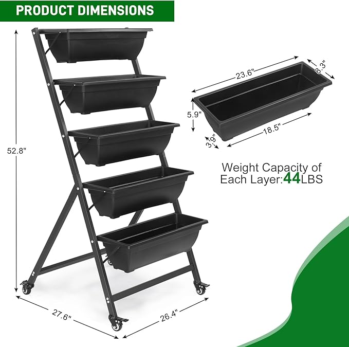 Outvita 4.4 FT Vertical Garden Bed 5 Tier Vertical Raised Planter Removable Black Raised Bed Box with 4 Wheels Movable Elevated Vegetable Flower Planter for Patio Yard Indoor Outdoor