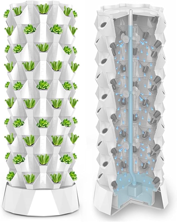 Hydroponic Growing Tower Garden Hydroponic Growing System Vertical Tower Indoor Hydroponic Growing System for Herbs and Vegetables with Hydration Pump Adapter Seedbed and Net PotsWhite-64Pots