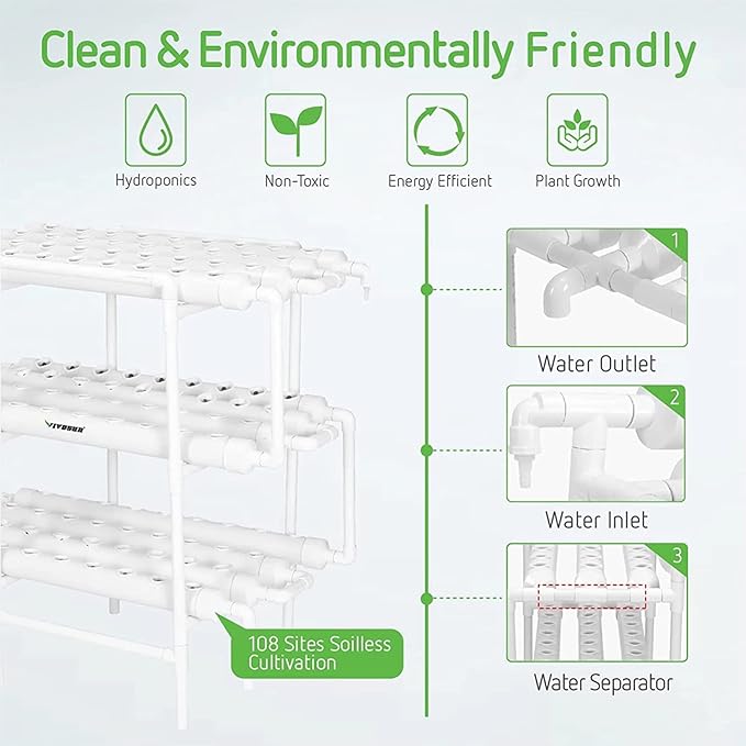 Pipe Type Hydroponic System 3 Layers 108 Holes Soilless Culture Equipment with Water Pump Controller Nest Basket Sponge for Wheatgrass Soybean Mung Hydroponics Nursery Planting