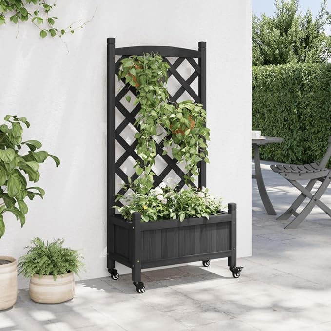 Black Rectangular Raised Planter Box on Wheels with Trellis for Climbing Plants 11.6 x 21.7 x 46.3 in Solid Fir Wood Elevated Garden Bed Outdoor Patio Balcony