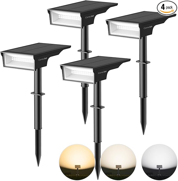 Consciot Solar Lights Outdoor Waterproof 3000/5000/6500K Solar Garden Light Adjustable 170° Spot Lights for Outside Yard Landscape Lighting Pathway Halloween IP65 Auto On/Off 4 Pack WS002UCW