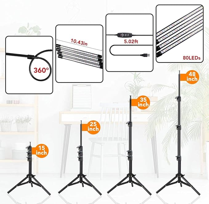 GHodec Grow Light with Stand 5500K Full Spectrum Gooseneck Floor Plant Light for Indoor Plants Growing5 Dimmable Levels &amp Auto On/Off TimerTripod Stand Plant Lamp Height Adjustable