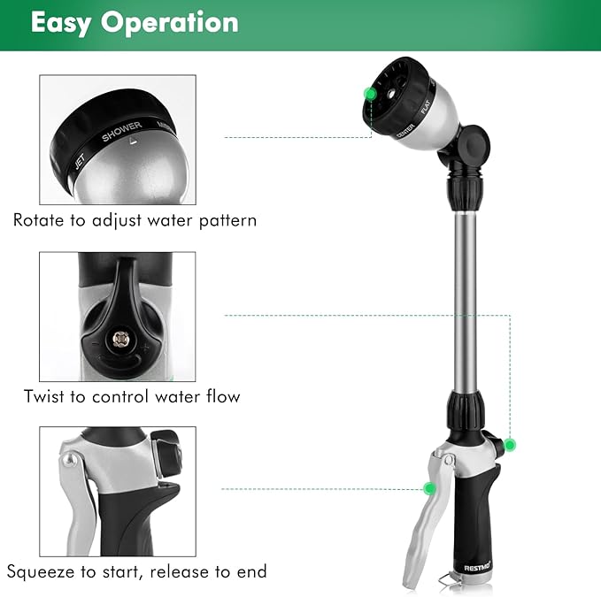 RESTMO Metal Watering Wand Heavy Duty Garden Hose Wand with 180° Swivel Ratcheting Head 16'' Hose Nozzle Sprayer with 7 Spray Patterns and Flow Control for Water Hanging Baskets and Shrubs Black