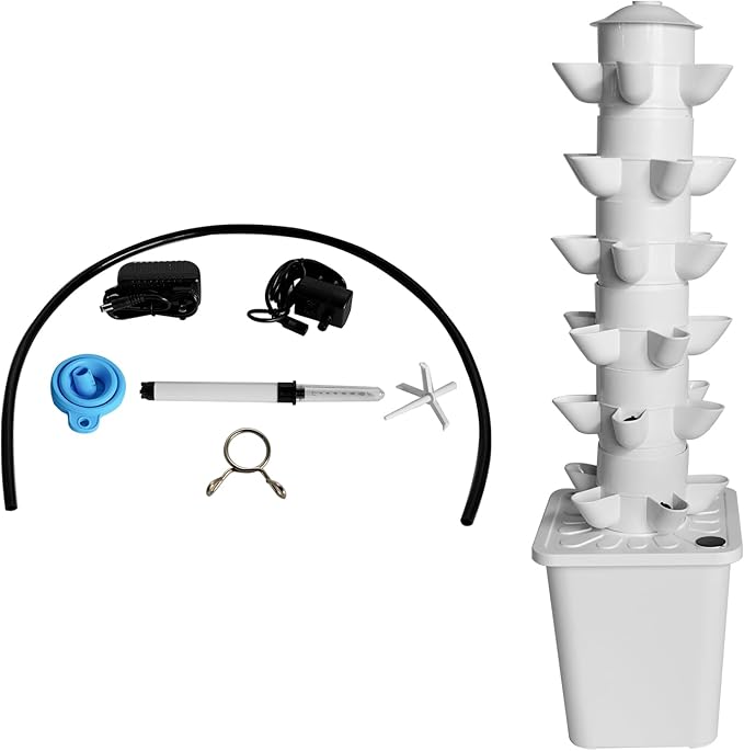 30 Plant Hydroponic Growing System Kit - Indoor Outdoor Smart Garden Tower with Silent Water Pump Soilless Vertical Design for Vegetables Herbs &amp Fruits Space Saving White
