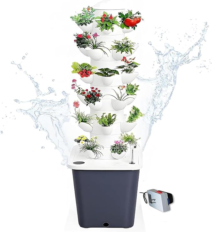 Hydroponic System Hydroponic Tower 30 Pots Aeroponic Tower Planting Tower with Irrigation Vertical Planter Pump Tower for Home Kitchen Gardening Fruit and Vegetables(Color:Black)