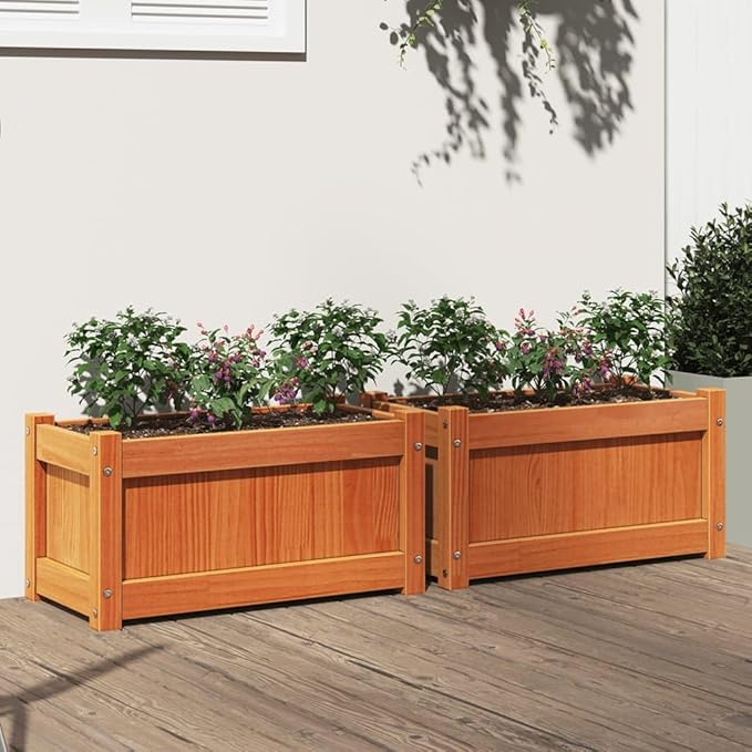 Garden Planter Set Brown Solid Pine Wood - Retaining Walls Garden Fence Welded Gabion Grid Outdoor Cages and Landscape Basket