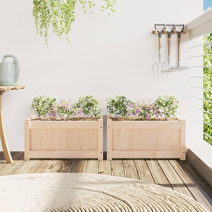 Garden Planter Set of 2 Natural Solid Pine Wood Rectangular Outdoor Raised Garden Bed for Flowers Herbs Vegetables 23.6x23.6x12.2 inch Capacity