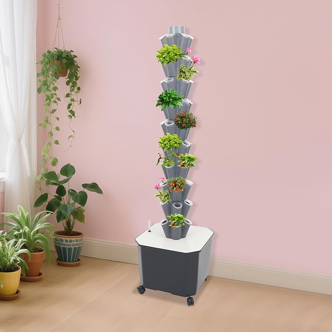 Vertical Hydroponics Growing Kit Modular Hydroponic Tower with Water Pump &amp Timer Function Mobile Hydroponic Growing Kit for Leafy Vegetables Strawberries &amp Chilies (Grey 10 Layer-50 Plant)