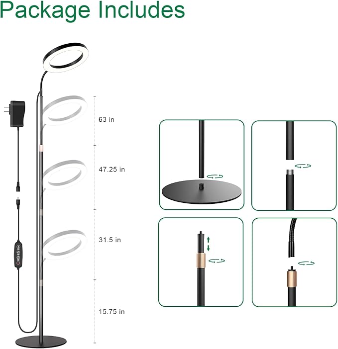 LBW 10.2in Grow Lights for Indoor Plants Full Spectrum with Stand Floor Plant Growing Lamp for Large Plants Auto ON/Off Timer 4/8/12H 4 Dimmable Levels 68in Adjustable Height