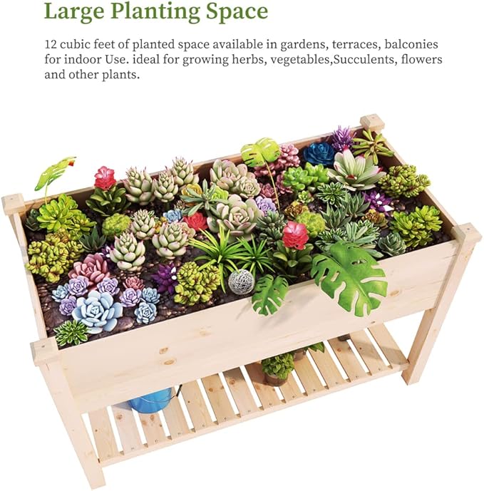 BIRASIL Outdoor Wood Raised Garden Bed Elevated Reinforced Large Planter Box with Storage Shelf for Vegetable Flower Backyard Patio Gardening Balcony (48”L Natural Wood)