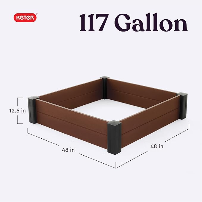 Keter 48 X 48 inches Wood Look Raised Garden Bed Durable Outdoor Herb Garden Planter for Vegetables Flowers and Succulents Brown