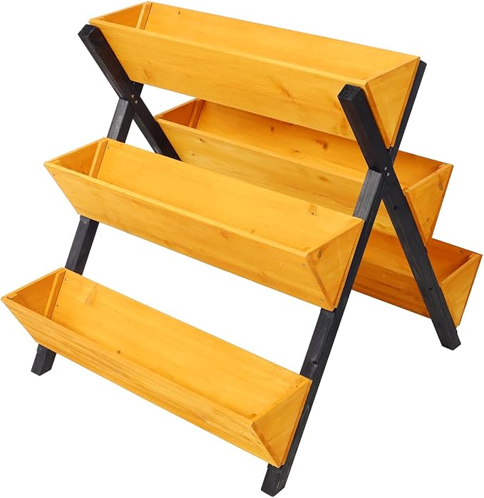 ZeHuoGe 3 Tiers Wooden Vertical Raised Garden Bed with Legs Bring 5 pots Brown Planter Raised Beds Kit for Flowers Herbs Vegetables