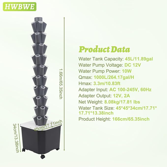 50 Pots Hydroponics Tower 8 Tiers Hydroponics Growing System Tower Vertical Tower Planter Pump Tower with Water Tank Irrigation Pump and Movable Water Tank for Hydroponic Gardening Lovers (Grey)