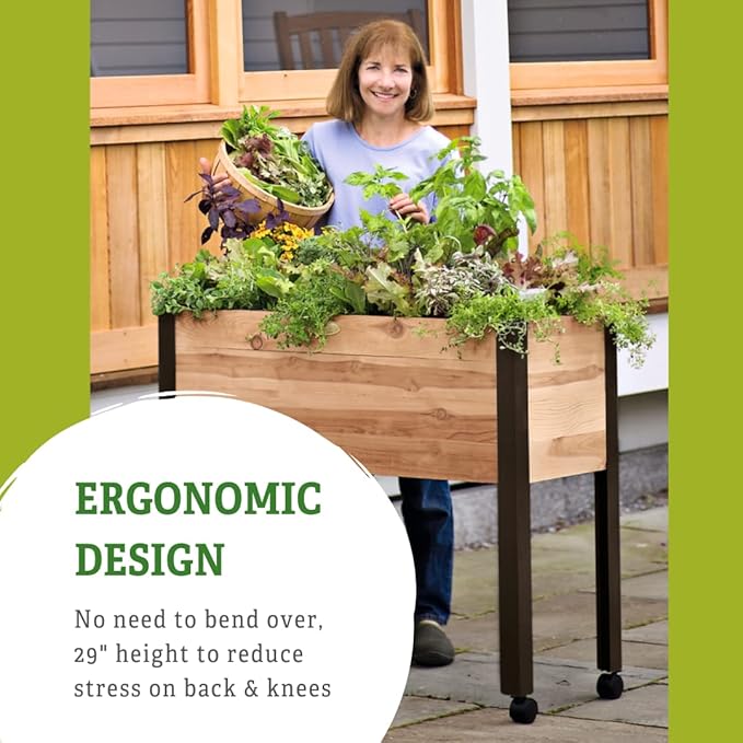 Gardener's Supply Company Raised Garden Bed Elevated Cedar Planter Box with Wheels | 39-1/2 L x 16-1/2 W x 32 H Rolling Planter for Outdoor Vegetables and Flower Gardening