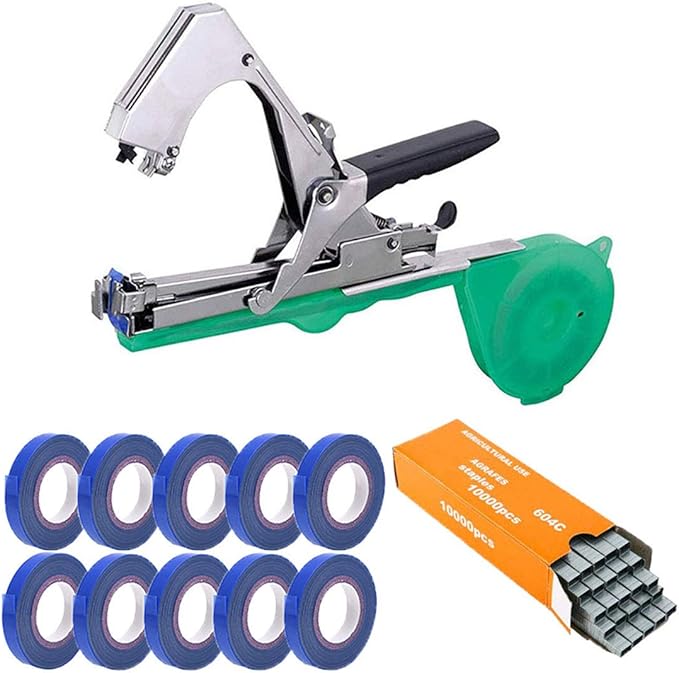 Plant Tying Machine Gardening Tape Tool Plant Ties Hand Garden Tools Set Garden Plants Tool with 10 Rolls Tape and 1 Box Staple for Grape Tomatoes Vegetable Cucumber and Flower (Green)