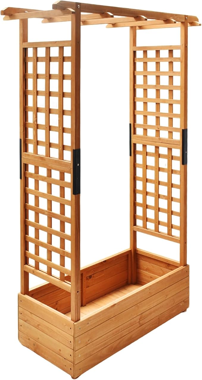 Raised Garden Bed with Wood Trellis Outdoor Planter Box for Tomatoes Climbing Vegetables Herbs Flowers Patio Pots Hanging Roof &amp 2 Drainage Holes 66.1 Inch Tall (Orange)