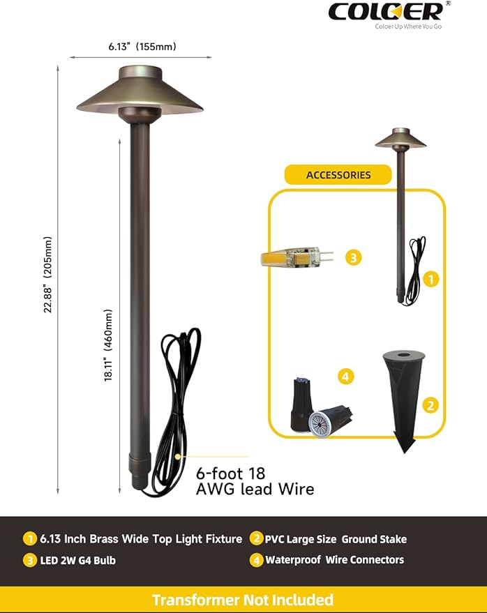 COLOER Brass Low Voltage Pathway Lights Outdoor 1-Pack with 2W LED G4 Bulb Garden Path Lights Electric IP65 Waterproof Outdoor Landscape Lighting Wired(602B)
