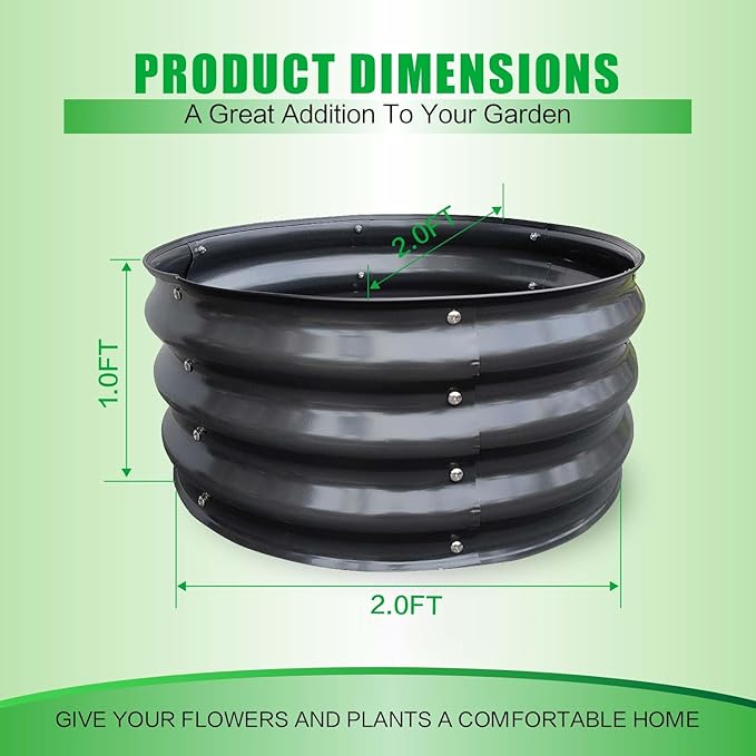 GrowHaus 2Pack 2x2x1FT Galvanized Raised Garden Bed Planter Boxes Outdoor Round Metal Garden Beds for Planting Vegetables Flowers Herbs Dark Gray