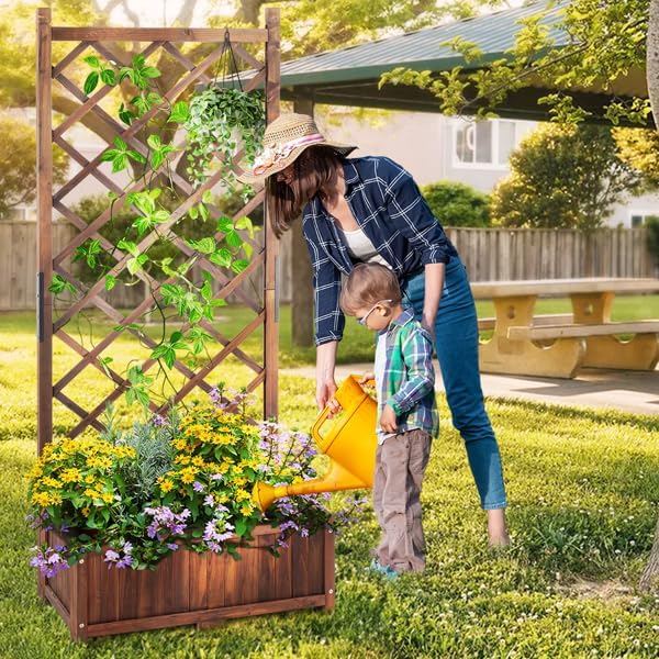 Wood Planter Raised Garden Bed with Trellis 67 Inch Height Outdoor Garden Flower Standing Planter Box Lattice Panels