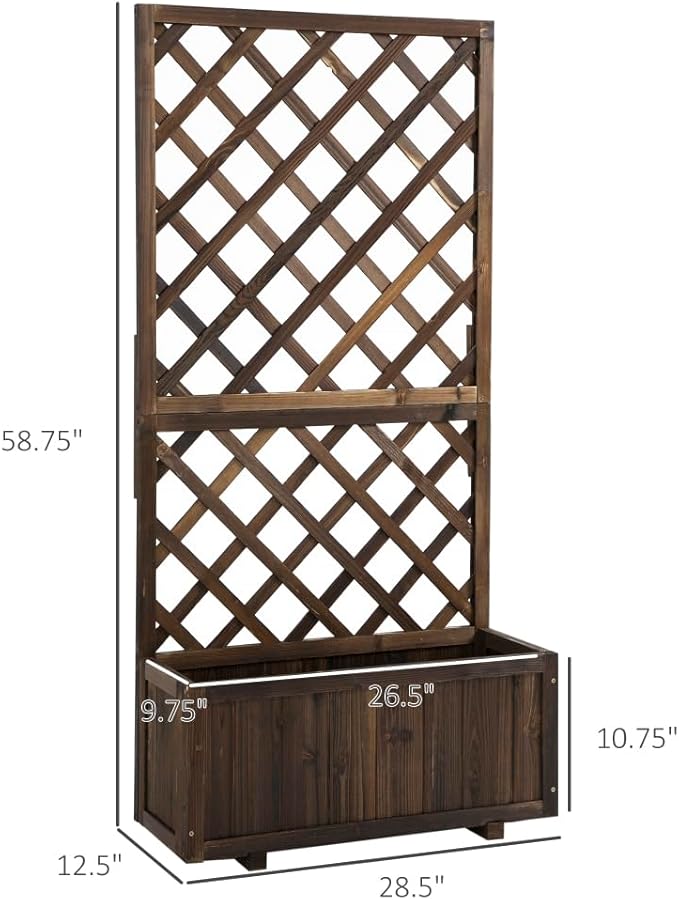 Raised Garden Bed Planter Box with Built-in Trellis and Drainage Holes for Vegetables Herbs and Climbing Plants (Brown + Wood)