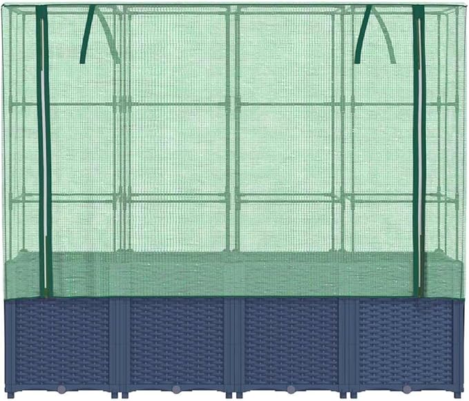 Large Raised Garden Planter Box Blue Grey Polypropylene Rattan Look 63x15.7x60.2 in Outdoor Vegetable Herb Flower Beds Kit with Greenhouse Cover