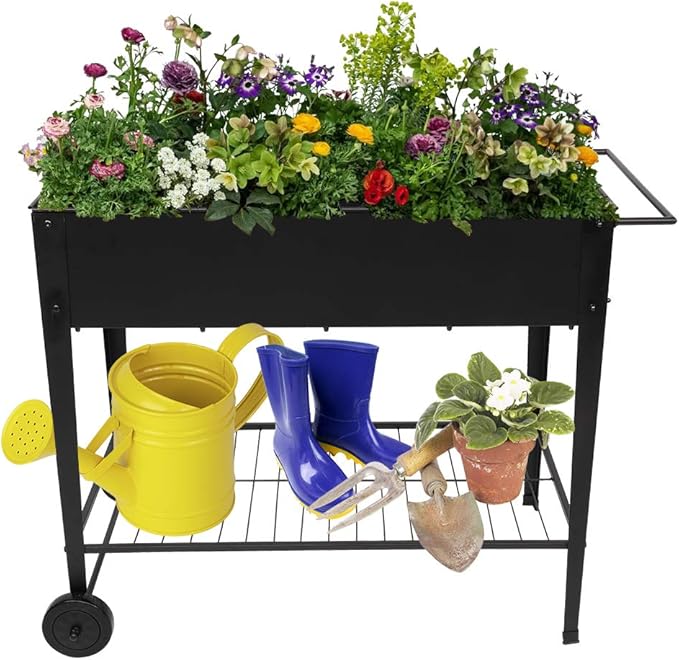 Planting Box with WheelsRaised Planter Box with Legs Outdoor Metal Elevated Garden Bed On Wheels for Vegetables Flower Herb PatioBlack