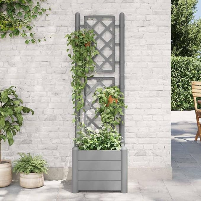 Garden Planter with Trellis Raised Flower Bed Garden beds Outdoor Garden Raised Beds Planter Boxes Suitable for Courtyard Nursery Orchard Corridor 16.9x16.9x55.9 PP Stone Gray