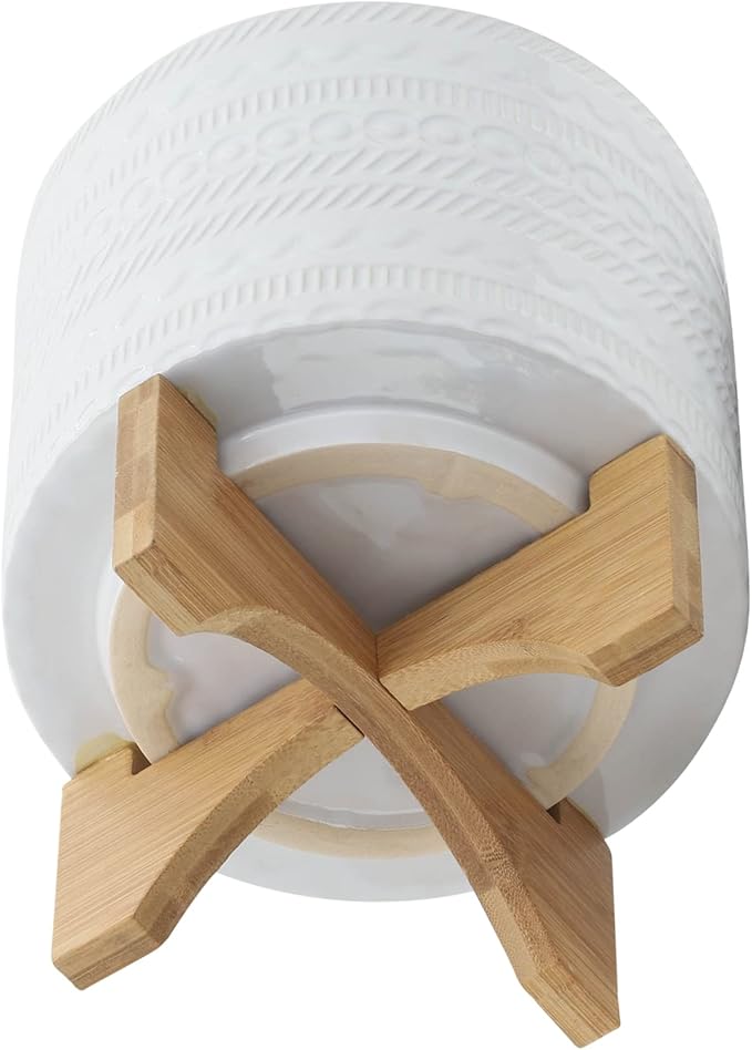8 Tribal Planter W Wood Stand White