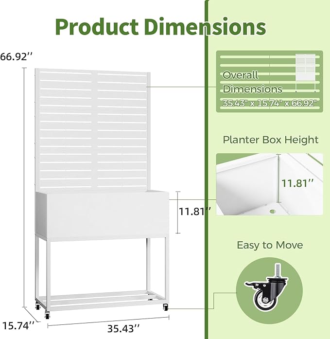 Metal Planter Box with Trellis67 H x35 W Raised Garden Beds with Privacy Screen for Climbing Plants Flower Elevated Standing Planter Garden Bed with Drainage Holes for Outdoor PatioWhite