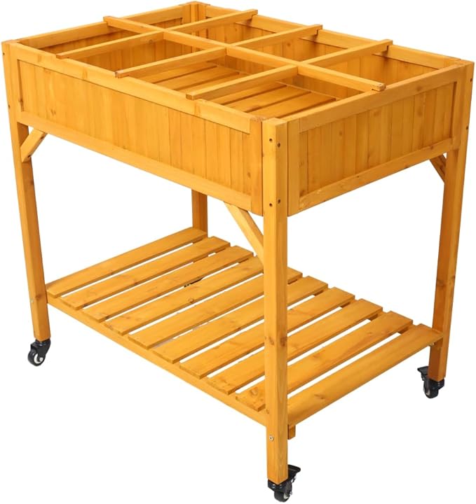 Sturdy Galvanized Steel Raised Garden Bed with Built-in Trellis Mobile Vertical Planter for Vegetables Herbs and Flowers (Brown + Wood)